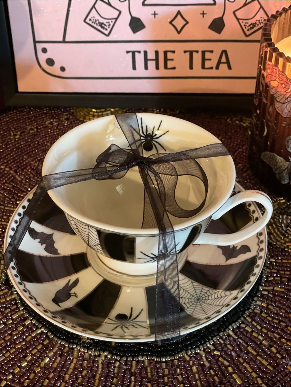 PARK CHATEAU NEW Gothic Spider Bats Halloween Porcelain Teacup and Saucer Set
